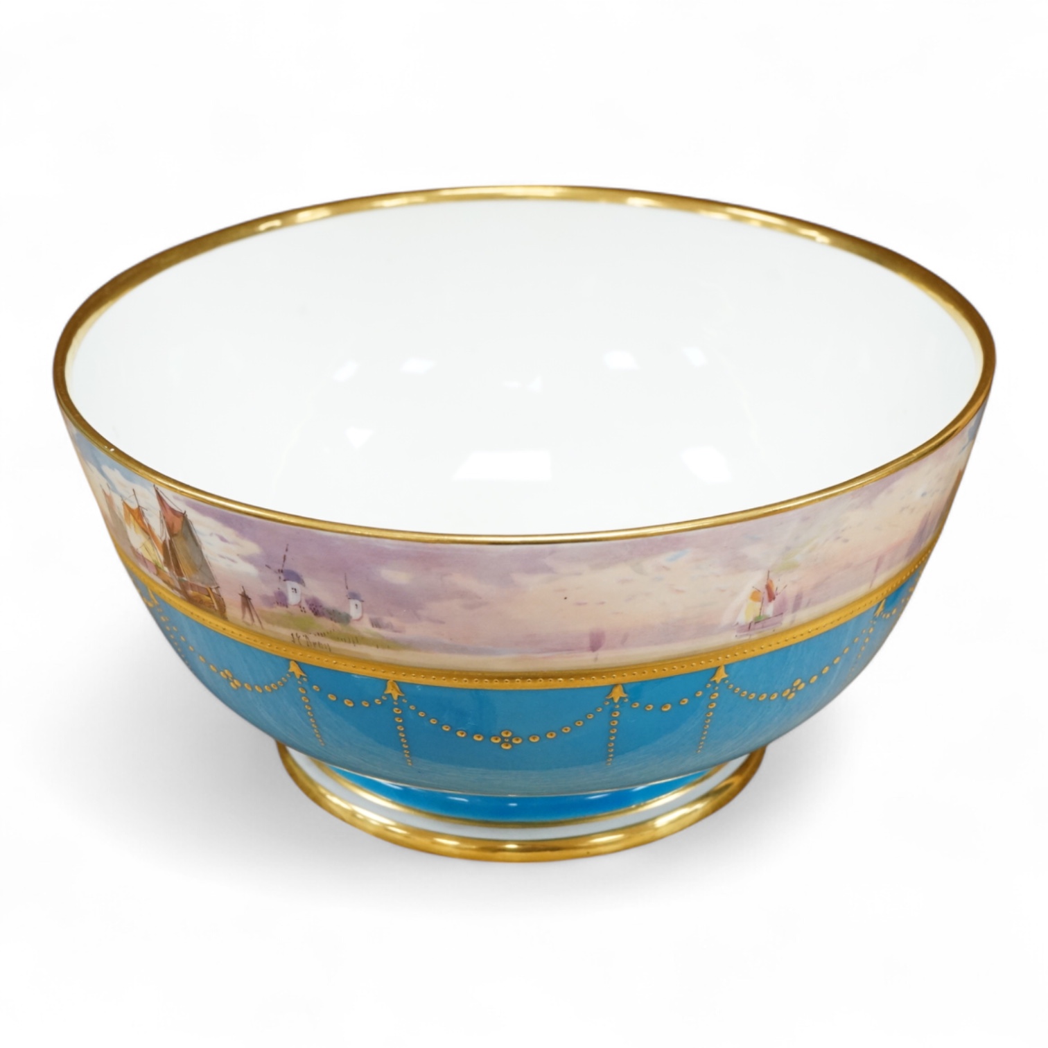 A 19th century Mintons bowl hand-painted by W J Dean, with boats to the top rim, 25cm in diameter